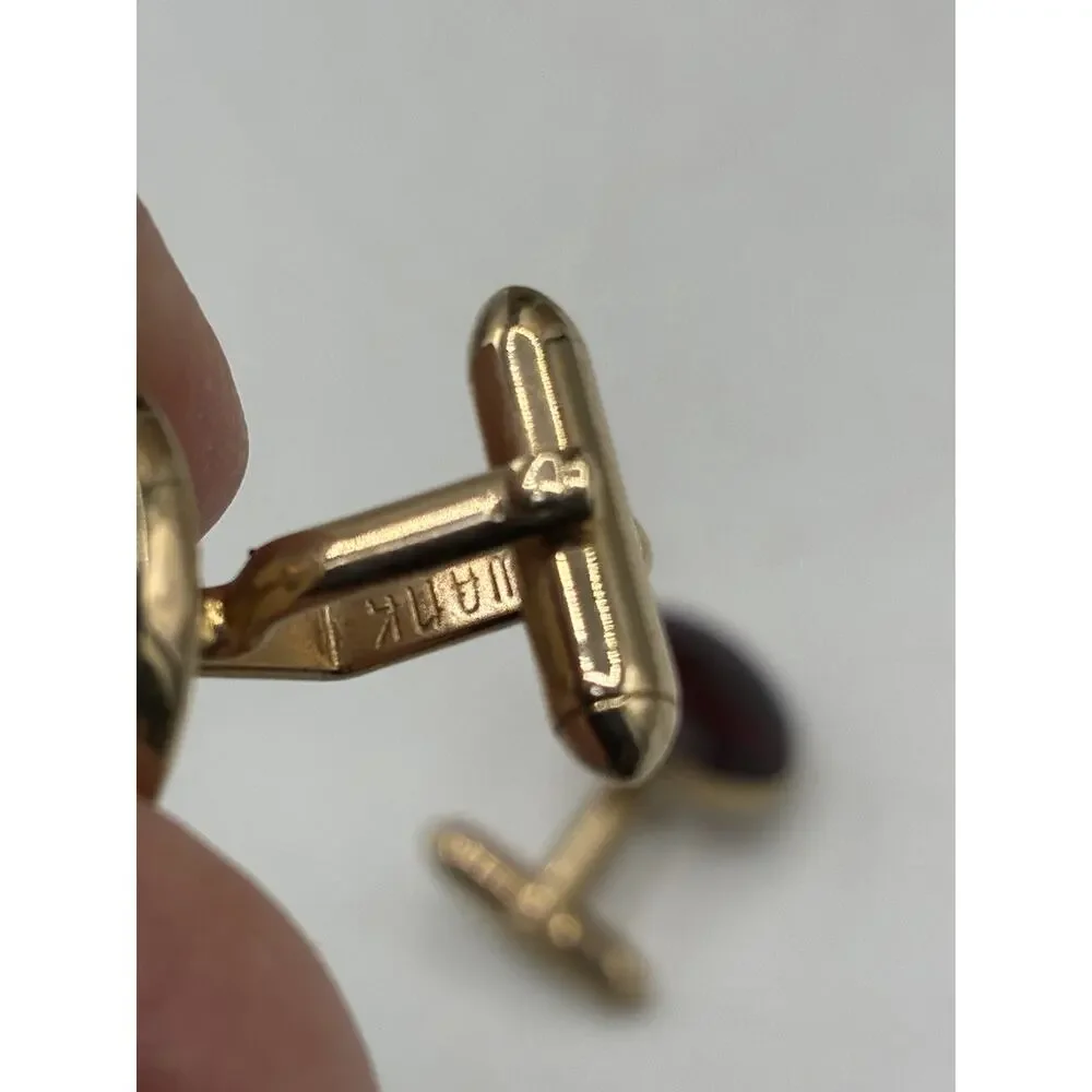 Vintage Swank Cuff Links Dark Garnet Red Round Cabochon Gold Tone Bullet Back